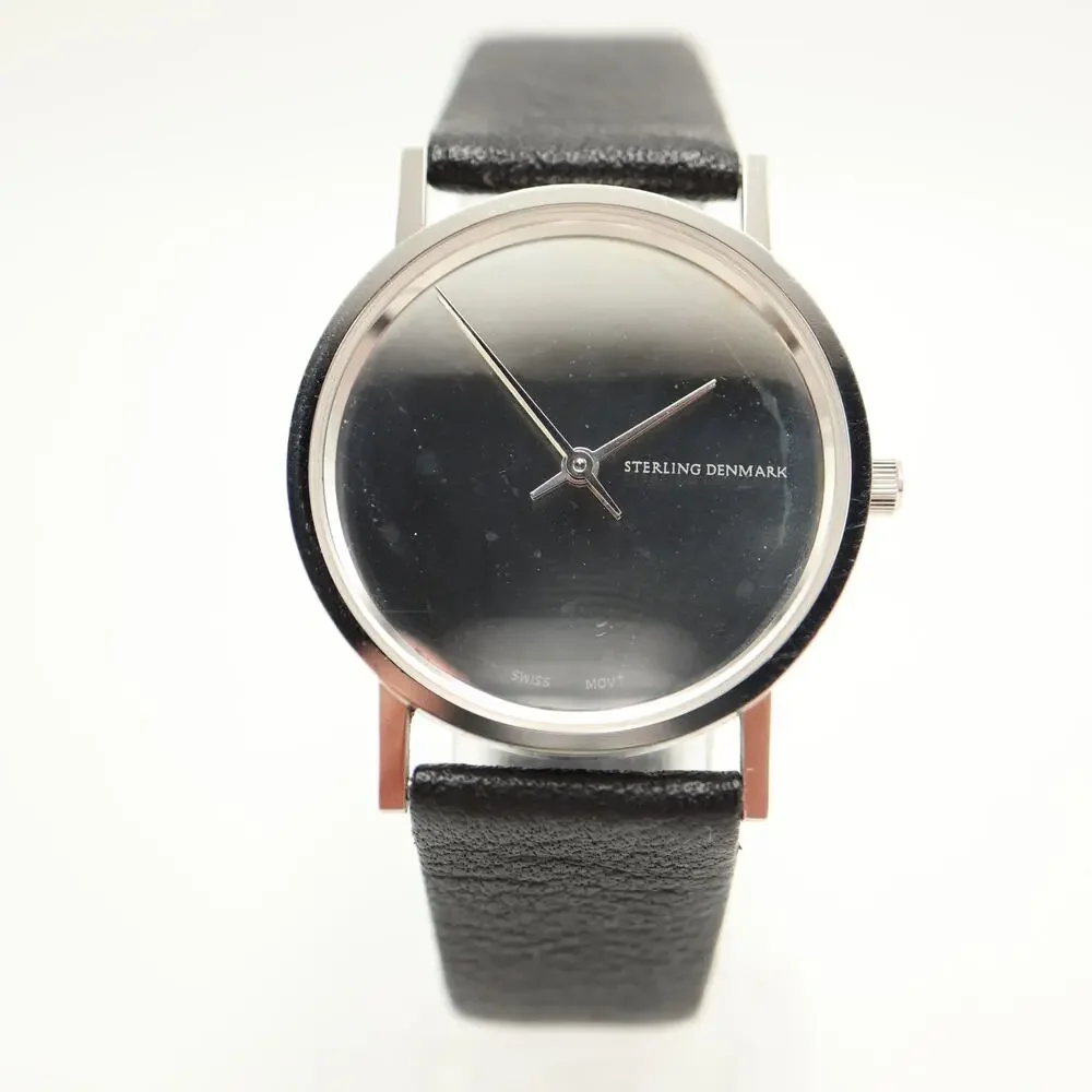 Sterling Denmark by Max Rene Silver Tone 32mm Watch Swiss Leather w New Battery
